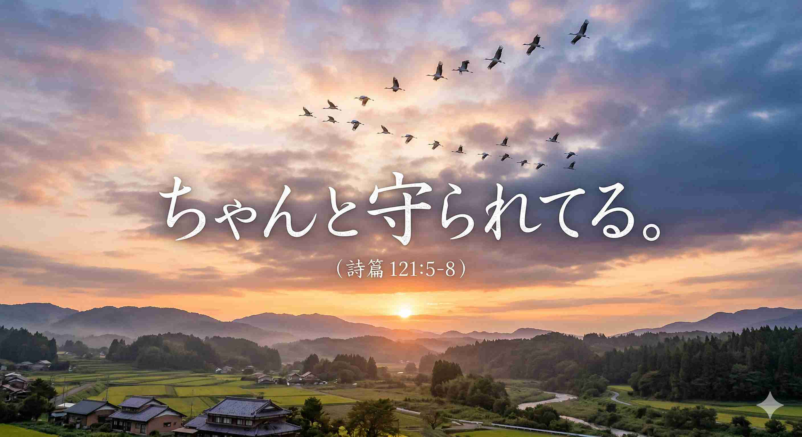 夕暮れの空を飛ぶ鳥の群れと、守護を約束する聖句