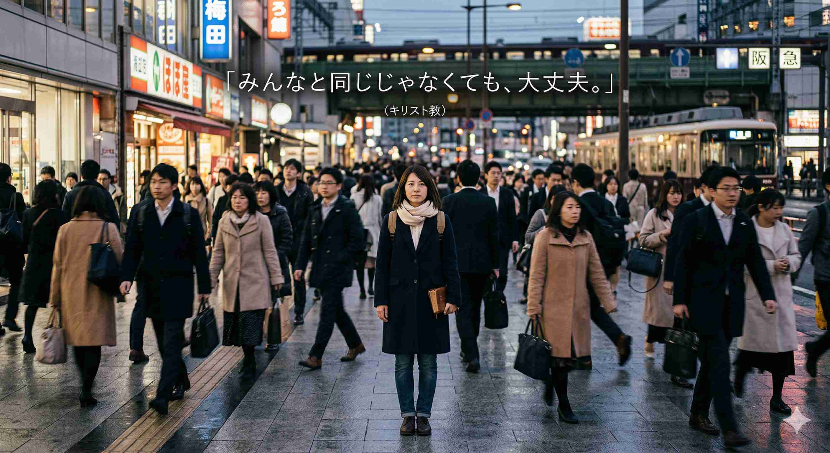 都会の人混みの中で自分らしく佇む女性と、個性を肯定するメッセージ