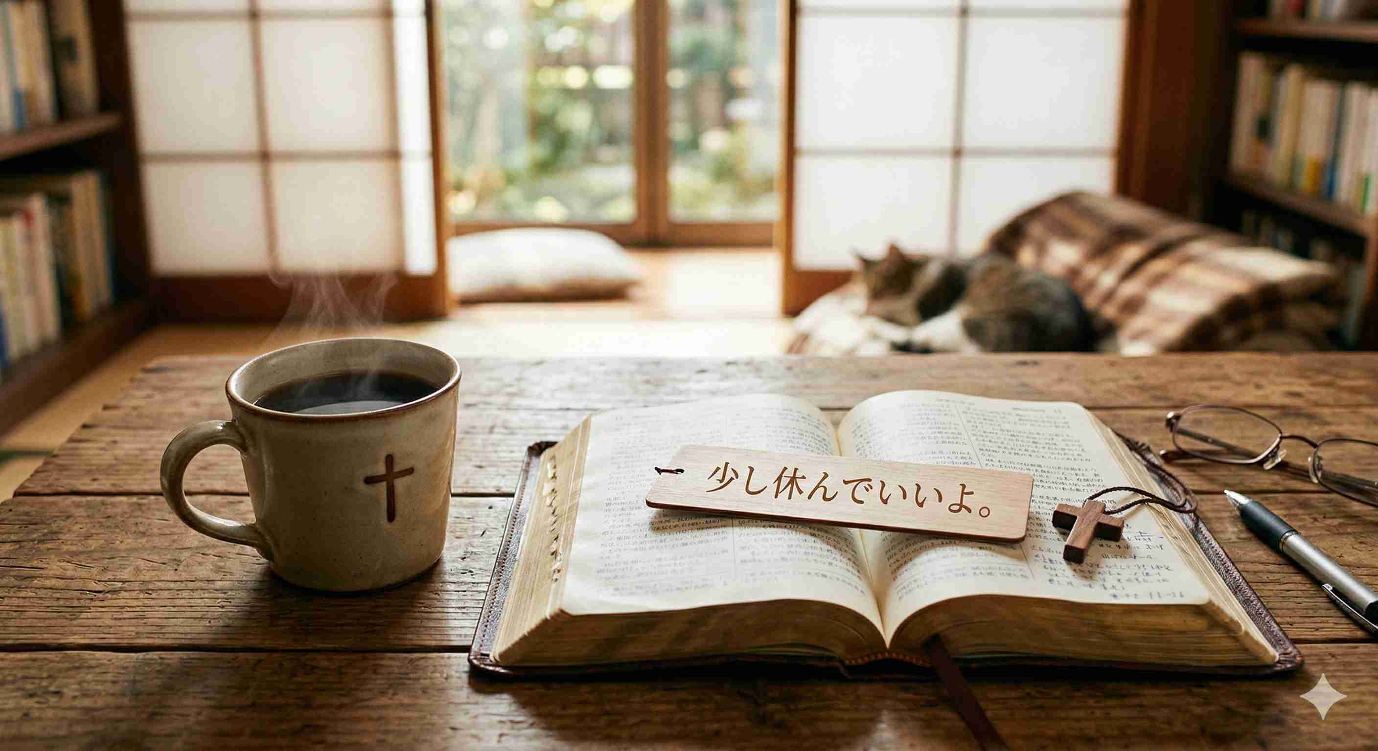 コーヒーと開かれた聖書、温かみのある部屋で休息を促すイメージ