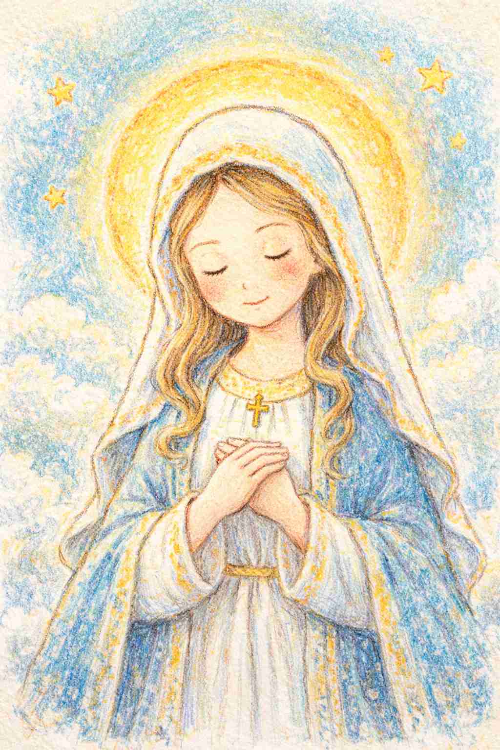 柔らかいクレヨン画で描かれた、慈愛に満ちた聖母マリア