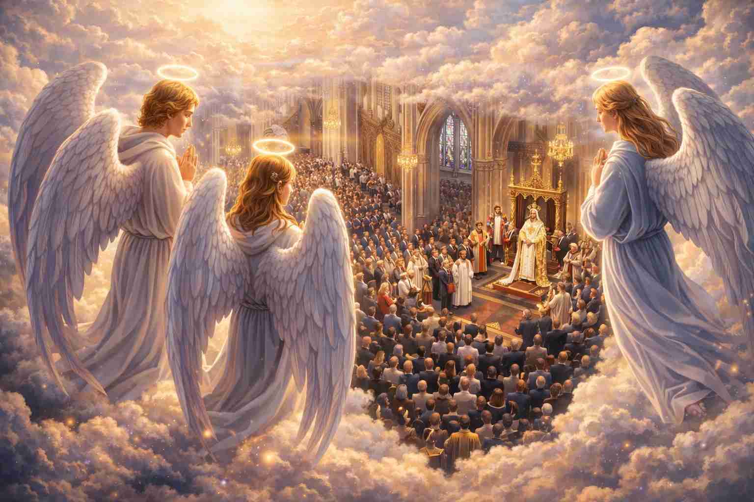 サラ・ムラリー第１０６代カンタベリー大主教着座式に約２千人が参列している様子を天上界から見守る天使たち