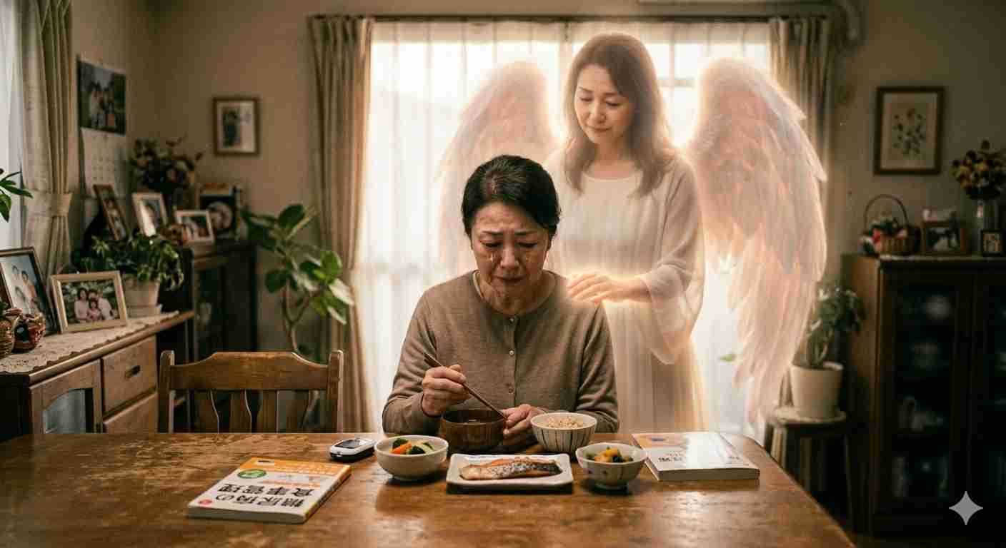 一人さみしく食事する糖尿病の女性の背後で、そっと佇む天使