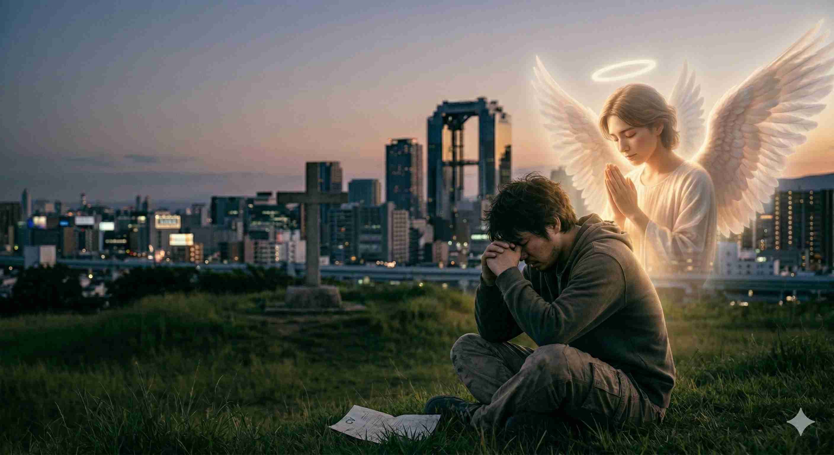 何をやってもうまくいかない。と嘆く無職の男に背後から祈りを捧げる天使さま