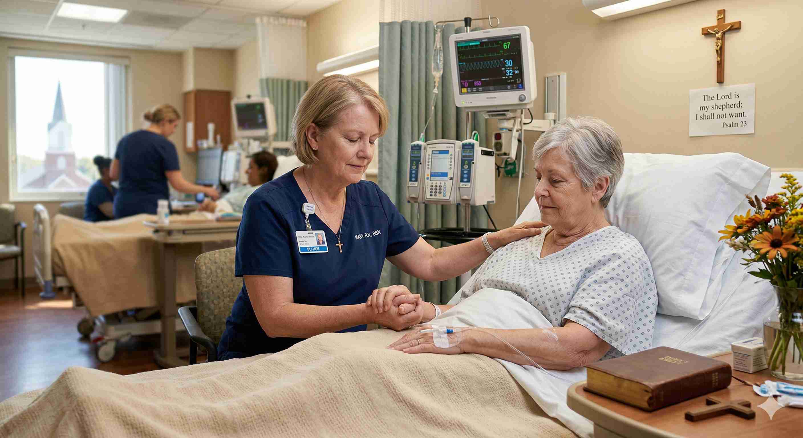 病室で患者の手に触れ、共に祈りを捧げる看護師の姿