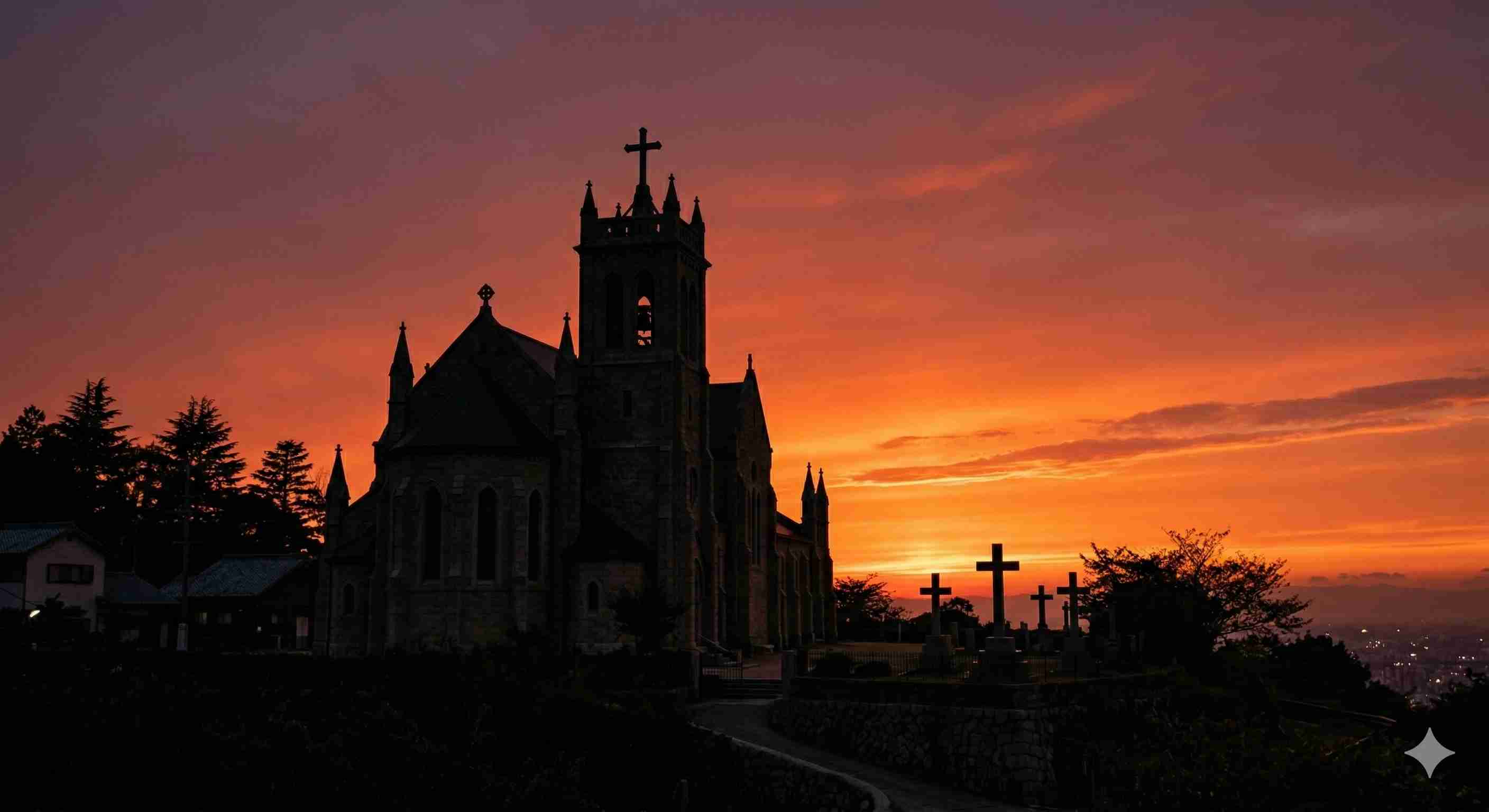 夕焼けと教会のシルエット