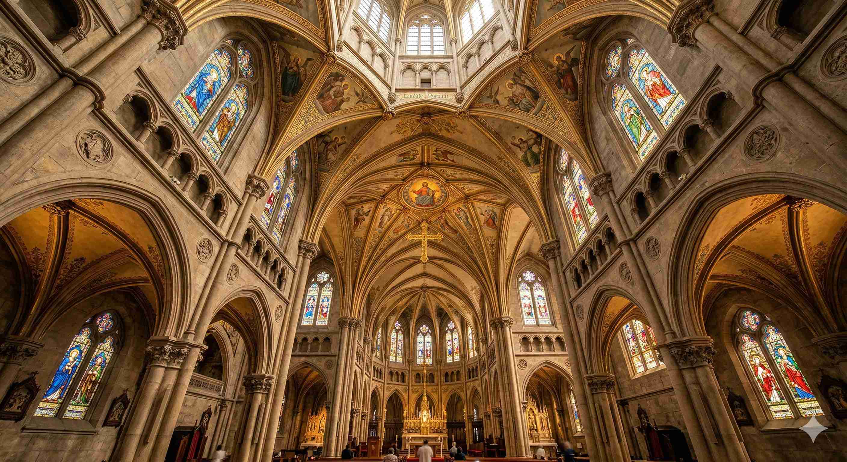 大阪にある大聖堂の、見事な装飾が施された高い天井とステンドグラス