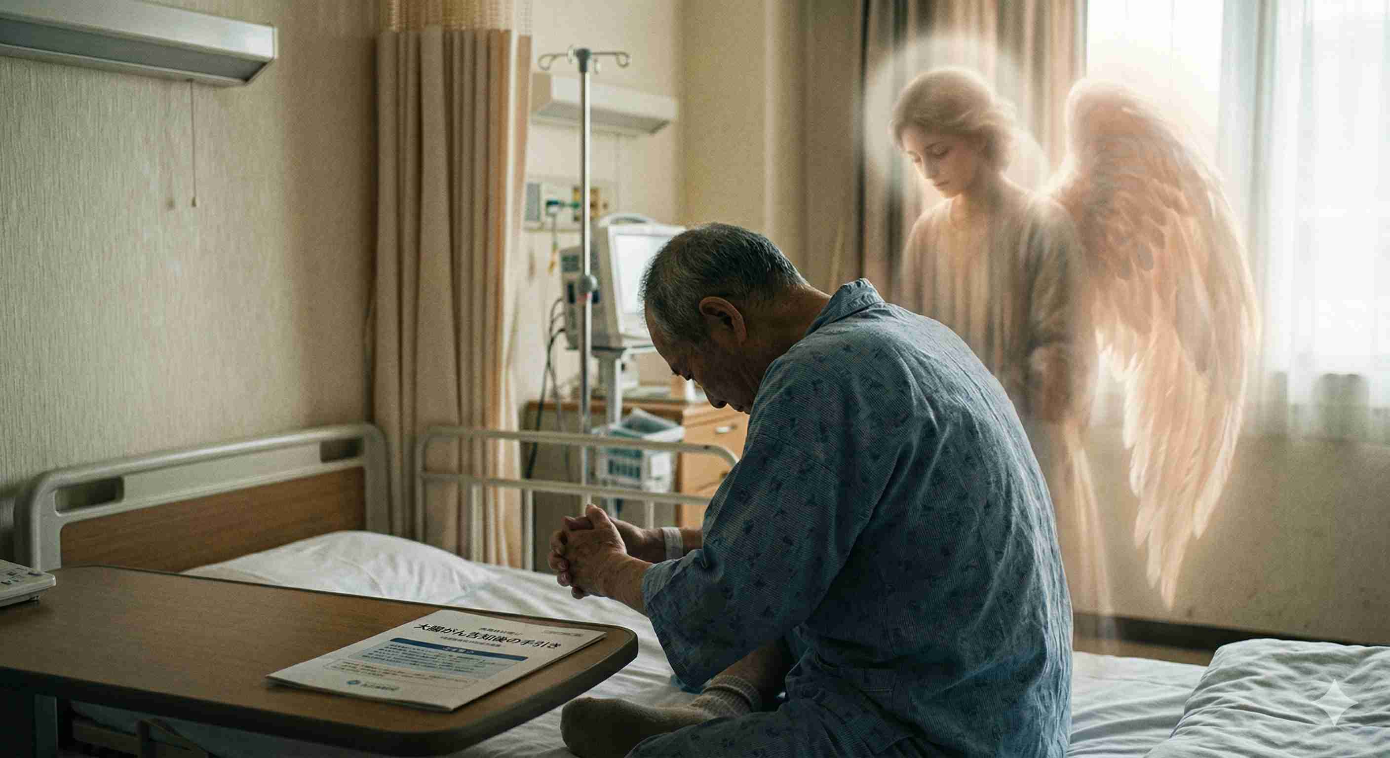 大腸がん告知され、ベッドでうつむく老人の背後に佇む天使さま