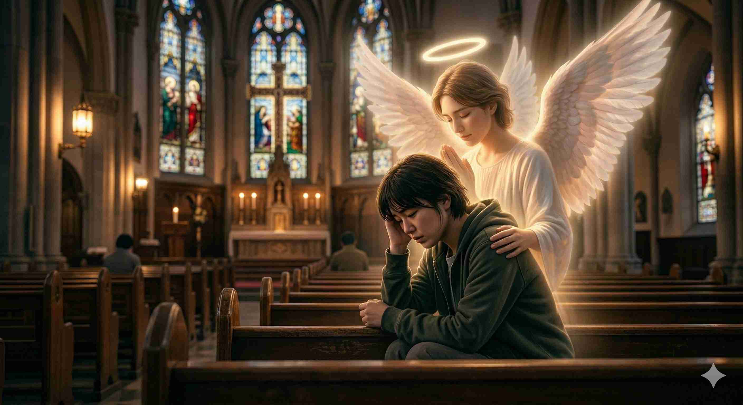 幸せって何だろう？っと教会でつぶやく独身女性に背後から祈りを捧げる天使様