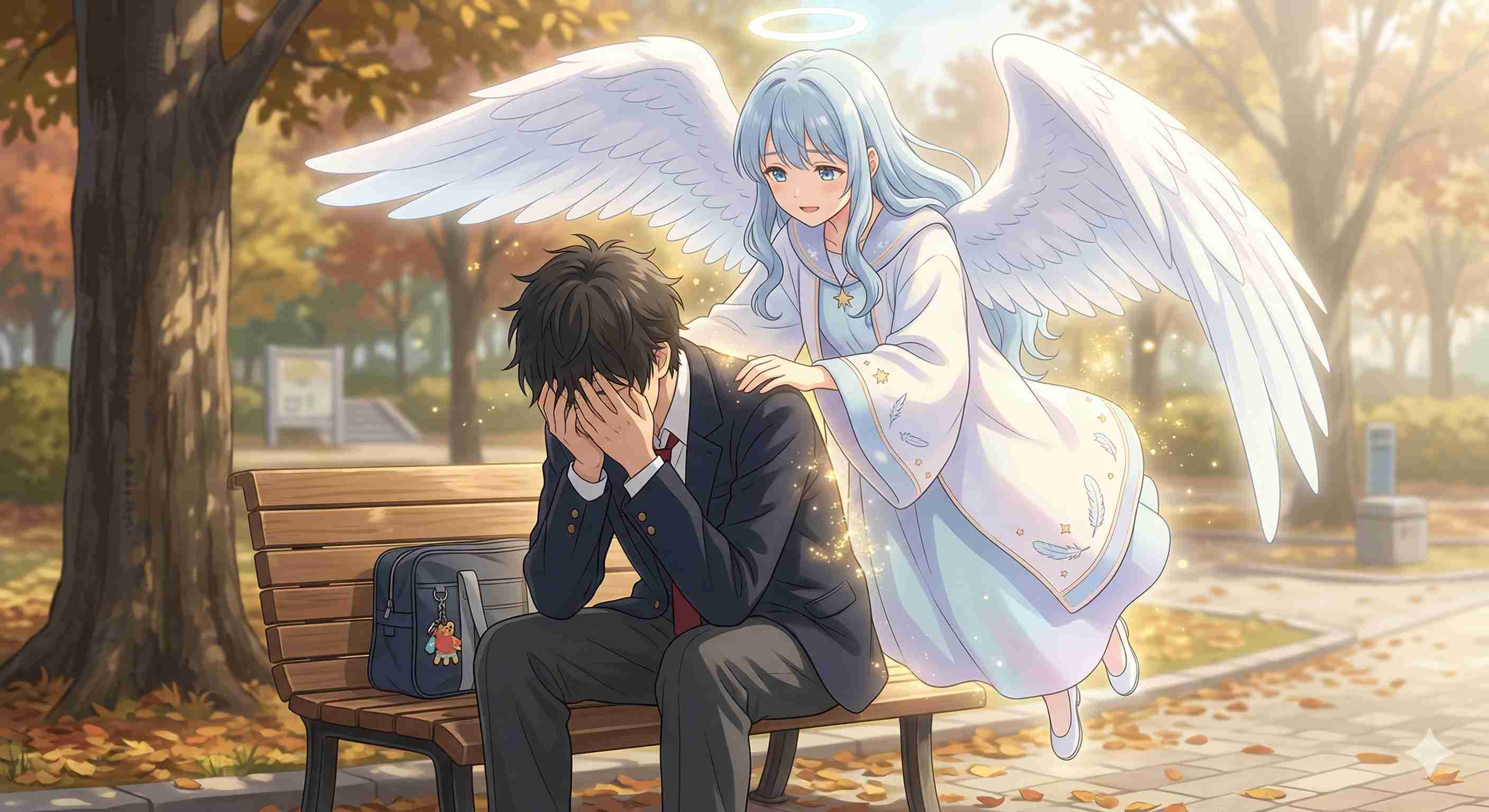 感情のコントロールができない、と公園で悩む男子高校生を背後から励ます天使様