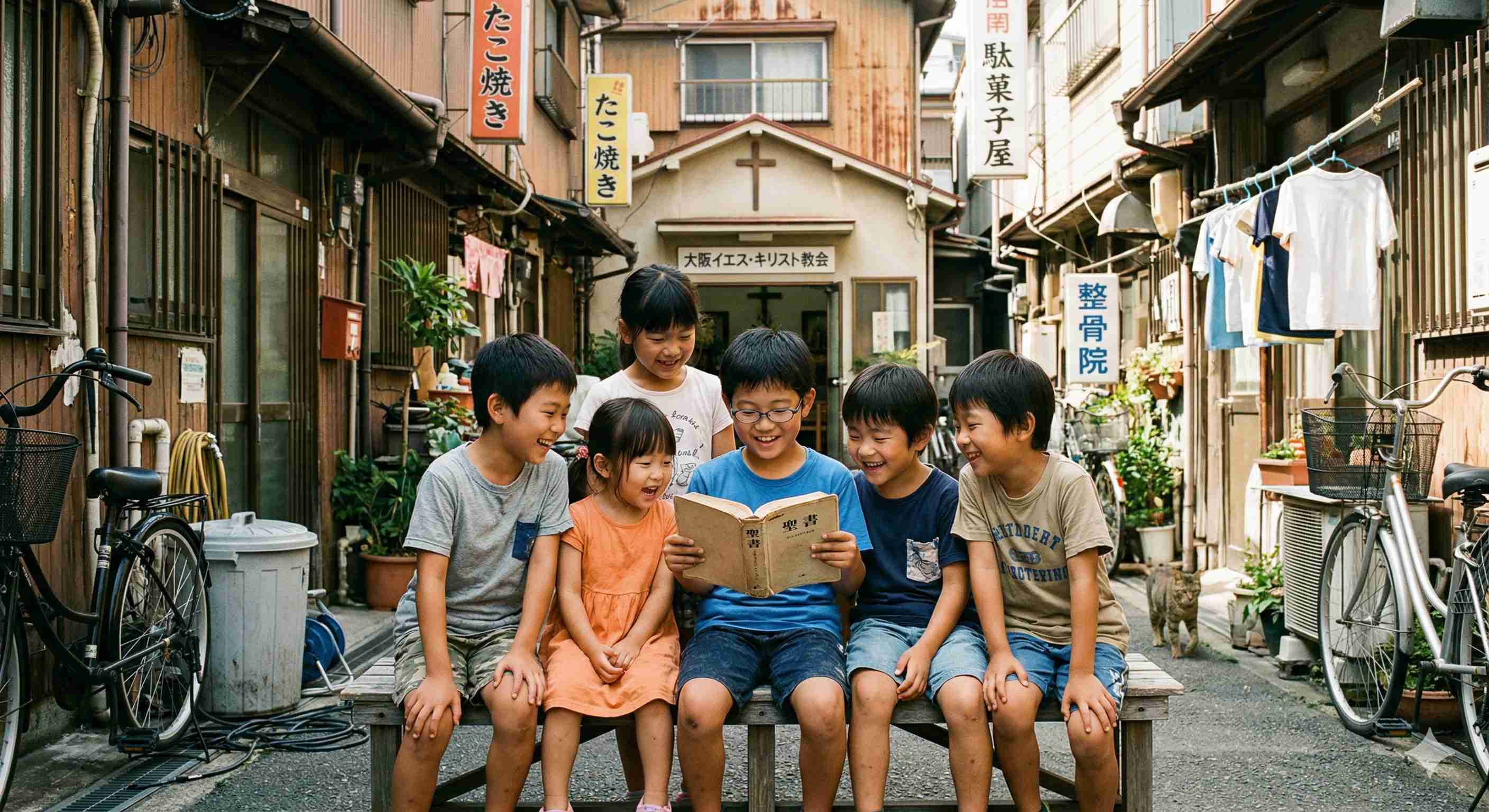 大阪の下町の路地裏で、仲良く一冊の聖書を覗き込む子供たち