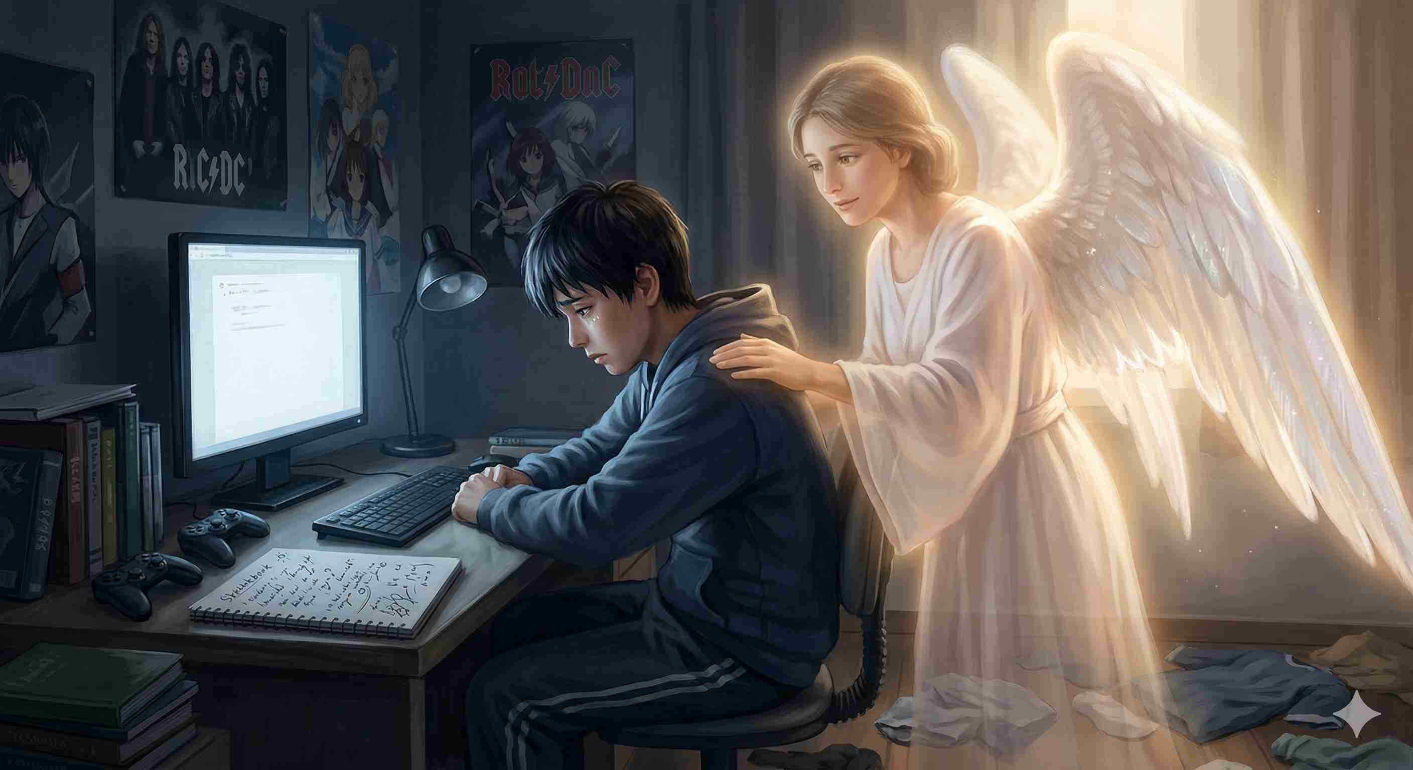 部屋に引き込もって「もっとポジティブになりたい。」と悩む男子高校生に背後から、そっと後押しをする天使様