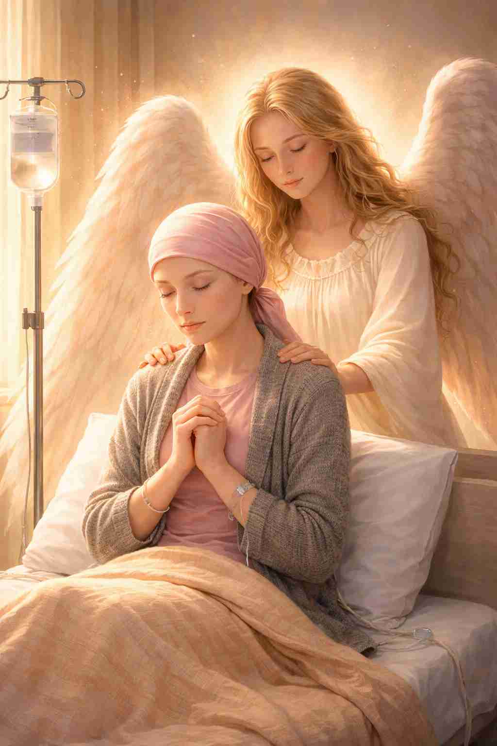病床で耐える女性を、背後から光り輝く天使が優しく見守り祈る姿
